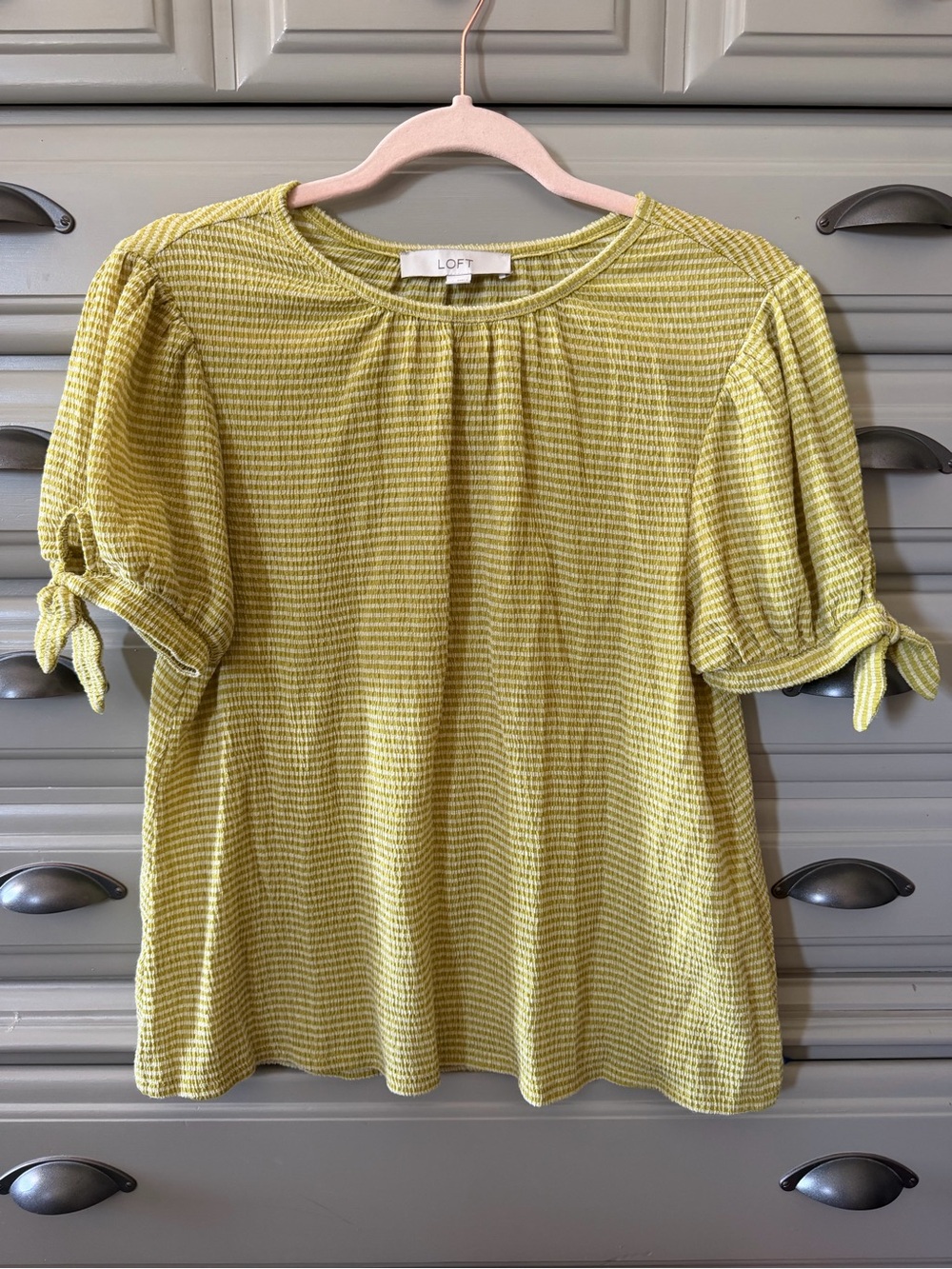 LOFT Yellow-Green Puff Sleeve Tie Top